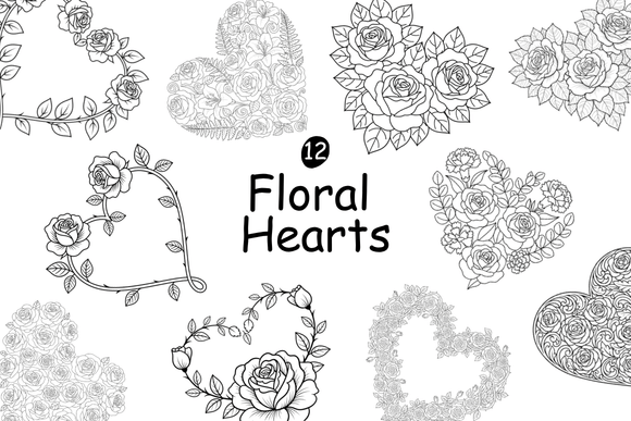 12 Floral Heart Illustrations SVG Bundle Graphics and Illustrations