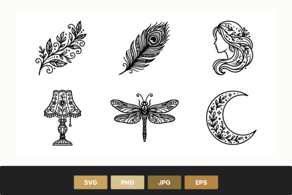 Black and White Floral Feather Dragonfly Graphics and Illustrations