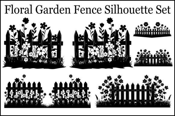 Floral Garden Fence Silhouette Set Graphics and Illustrations