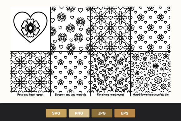 Floral Heart Black White Pattern Set: Graphics and Illustrations Review