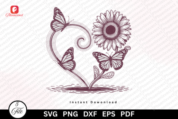 Floral Heart Sunflower Butterfly SVG PNG Graphics and Illustrations Review