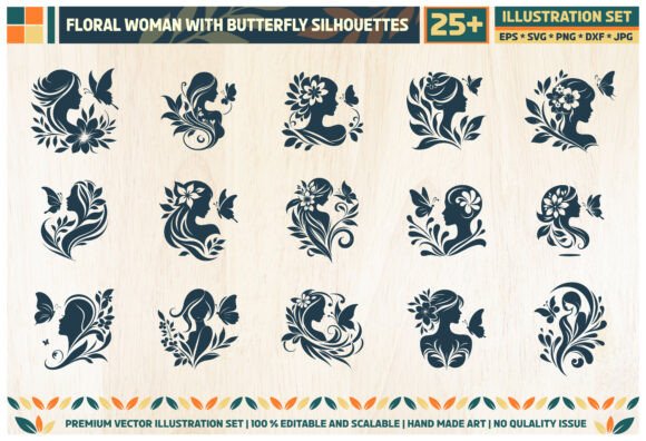 Floral Woman with Butterfly SVG Bundle: Graphics and Illustrations for Editorial Polish