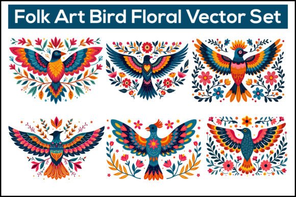 Folk Art Bird Floral Vector Set Graphics and Illustrations Review