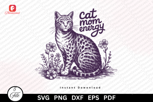 Funny Vintage Floral Cat Mom Energy PNG Graphics and Illustrations Review