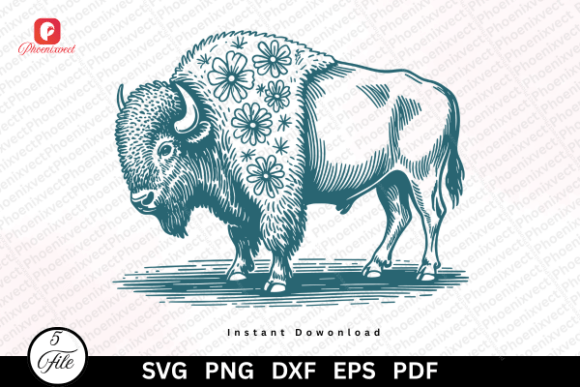 Hand Drawn Bison Floral Buffalo SVG PNG Graphics