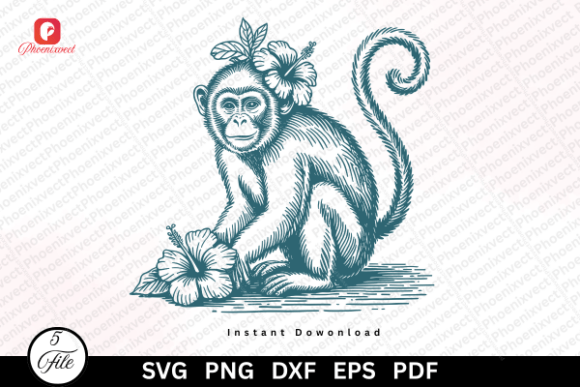 Hand Drawn Floral Vintage Monkey SVG PNG Graphics and Illustrations