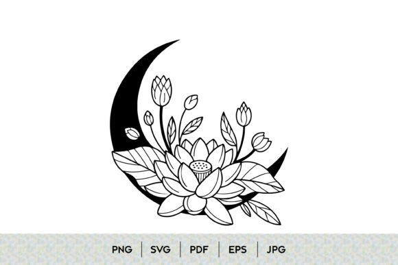 Lotus Moon Floral Line Art Design Graphics and Illustrations