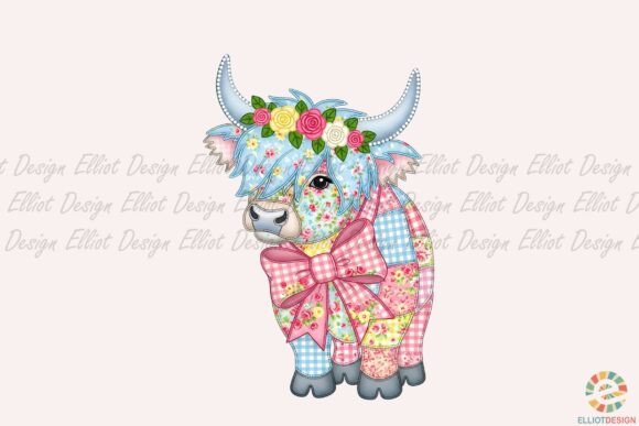 Patchwork Floral Highland Cow Png Graphics and Illustrations