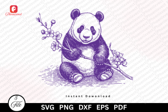 Vintage Floral Hand Drawn Panda SVG PNG Graphics and Illustrations